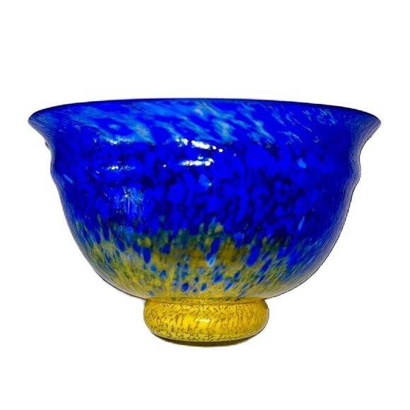 Skruf Sweden Vintage Handblown Confetti Blue and Yellow Glass Artisan Bowl